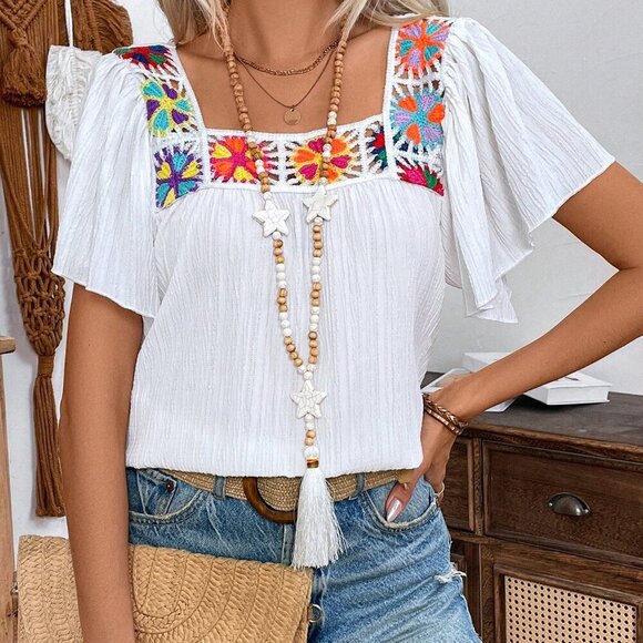 White Boho Women's Crochet Patchwork Square Neck Flutter Sleeve Vacation Shirt - Picture 4 of 6